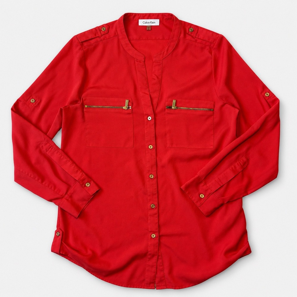 Calvin Klein Womens M Red Utility Blouse Gold Zip Pockets Roll Tab Sleeves